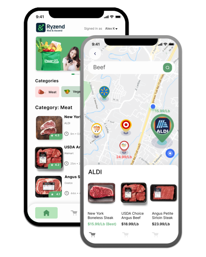 Ryzend app mockup showing market and grocery price comparison